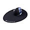 Black ergonomic mouse with a blue accent on a black, oval mousepad. "Bakker Elkhuizen" is on the pad.