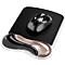 Black mousepad with wrist rest and mouse. White frame. The pad has a rectangular shape with rounded corners.