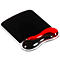 Black, square mousepad with red and black wrist rest.