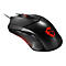 Schwarze Gaming-Maus mit roter Drachen-Beleuchtung und Textur an der Seite vor weißem Hintergrund.