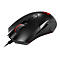 Schwarze Gaming-Maus mit roter LED-Beleuchtung am Scrollrad und Logo, vor weißem Hintergrund.