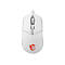 Weisse Gaming-Maus mit rotem Drachenlogo. Sichtbar: Scrollrad, Maustasten.