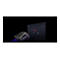 Schwarze Gaming-Maus mit RGB-Beleuchtung und Software-Einstellungsmenü auf einem dunklen Hintergrund.