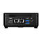 Rückseite eines schwarzen Mini-PCs mit HDMI, DisplayPort, zwei LAN-Anschlüssen, zwei USB-Ports und Stromanschluss.