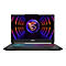 Schwarzer Laptop, Display zeigt ein Drachenlogo und farbige Lichteffekte. Tastatur mit farbiger Beleuchtung, MSI Logo.