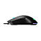 Schwarze Gaming-Maus in Seitenansicht mit leuchtendem Mausrad und RGB-Leuchtstreifen am Heck.