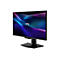 Schwarzer Gaming-Monitor mit blau-violettem Bildschirmhintergrund. Der Monitor steht auf einem schwarzen Standfuß.