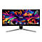 Ein gebogener MSI-Gaming-Monitor mit einem bunten, abstrakten Hintergrundbild und technischen Spezifikationen.