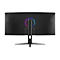 Rückseite eines gebogenen schwarzen MSI Gaming-Monitors mit RGB-Lichtring am Standfuß und MSI-Logo.