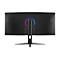 Rückseite eines schwarzen Curved-Gaming-Monitors mit RGB-Lichtring und Standfuß vor weißem Hintergrund.
