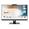 Ein schwarzer MSI-Monitor mit einem 27-Zoll-Bildschirm und FHD-Auflösung. Auf dem Bildschirm sind Informationen zu den Funktionen und Zertifizierungen des Monitors abgebildet.