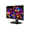 MSI-Monitor mit farbenfroher Grafik auf dem Bildschirm. Schwarzer Standfuß und silberner Rahmen.