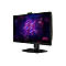 Schwarzer MSI Gaming-Monitor mit leuchtend violettem MSI-Logo auf dem Display vor weißem Hintergrund.