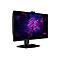 MSI Gaming-Monitor in Schwarz vor weißem Hintergrund mit leuchtendem violettem Logo auf dem Bildschirm.