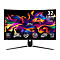 MSI Gaming-Monitor, 32 Zoll, 4K UHD, gebogen, mit farbenfrohem abstraktem Display-Hintergrund.