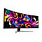 Gebogener Gaming-Monitor mit farbenfrohem, abstraktem Hintergrund. MSI-Logo und Standfuß.
