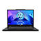 Schwarzer Laptop auf weißem Hintergrund. Auf dem Display ist ein blaues AI-Logo zu sehen, darunter der Schriftzug „MSI“. Das Gerät ist geöffnet.