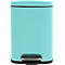 Poubelle turquoise. Forme rectangulaire, pédale argentée et base et couvercle noirs.