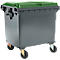 Großer, grauer Müllcontainer mit grünem Deckel und Rollen.