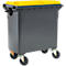 Grauer Müllcontainer mit gelbem Deckel und Rädern.