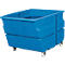 Blue plastic box with wheels, open at the top. The box has a slightly trapezoidal shape.