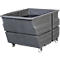 Gray, rolling plastic bin. Rectangular shape, open top. Four wheels at the bottom, ribs on the sides.