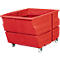 Red transport box on wheels, square shape. The box consists of two parts, which are placed on top of each other.