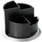 Black, rotating desk organizer made of plastic, with multiple compartments. On a silver base.