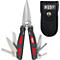 Een BESSEY multi-tool met diverse opzetstukken. Het ligt naast een zwarte stoffen hoes met een logo.