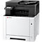 Compacte wit-zwarte Kyocera laserprinter met touchscreen bedieningspaneel op een neutrale achtergrond.