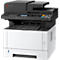Een zwart-witte Kyocera multifunctionele printer. Boven de papierlade bevindt zich een bedieningspaneel met knoppen en een display.