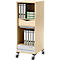 Beige dossierkast op wielen, met ordners en lades. Op wielen.