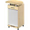 Beige Stehschrank mit halbrundem Aufsatz, Rolladen und Rollen.