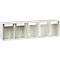 Witte wandplank met vijf transparante bakken. Elk compartiment met een wit etiket. Duidelijke structuur, minimalistisch.