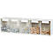 Witte wandplank met vijf transparante laden gevuld met schroeven, pluggen, etc.