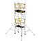 Metal scaffolding tower with yellow elements on a white background. FlexTower lettering.