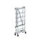 Aluminum scaffolding with four wheels, on a white background.
