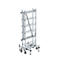 A silver scaffold with wheels, which is folded.