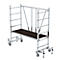 A silver rolling scaffold stands against a white background. It has a dark platform and is equipped with wheels.