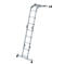 Een zilverkleurige, veelzijdige ladder, deels rechtop, deels horizontaal. Het ontwerp maakt verschillende configuraties mogelijk.