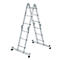 Een zilverkleurige multifunctionele ladder in opengeklapte toestand. De ladder staat tegen een witte achtergrond.