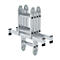 Multifunctionele aluminium ladder, uitgevouwen, met wielen en zwarte rubberen voeten.