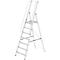 Een zilveren trap met leuning en platform. De ladder heeft zes treden en staat op een witte achtergrond.