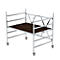 Scaffolding with brown work surface and wheels on a white background.