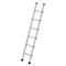 A silver step ladder stands diagonally against a white background. Black rubber feet and caps.