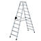 Een zilveren ladder staat rechtop, A-vormig. Zwarte kunststof onderdelen en een dwarsbalk stabiliseren de constructie.