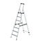 Zilveren metalen ladder, zeven treden, zwarte handgreep.