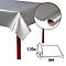Une nappe grise est sur une table. Une découpe montre un rouleau de tissu avec les dimensions 1,20 m x 5 m.