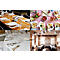 Quatre photos de tables dressées avec de la nourriture. Nappes en bois et blanches, couverts, verres, nourriture.