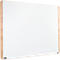Rectangular white magnetic whiteboard with wooden frame. At the bottom, there is a shelf and brackets.